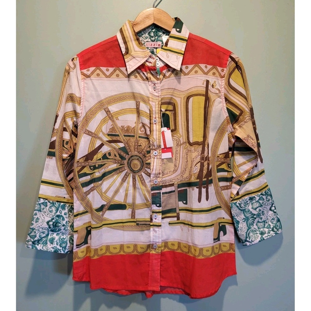 New Tizzie Multicolor Wheel Print Artsy Lightweight Button Up Shirt Sz M